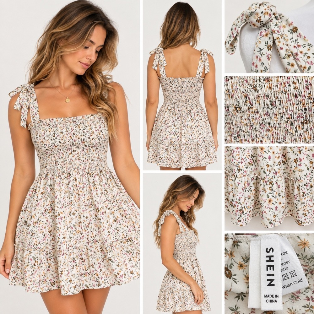SHEIN Floral Smocked Mini Dress Tie Shoulder Tiered Ruffle Cream Multi Size M
